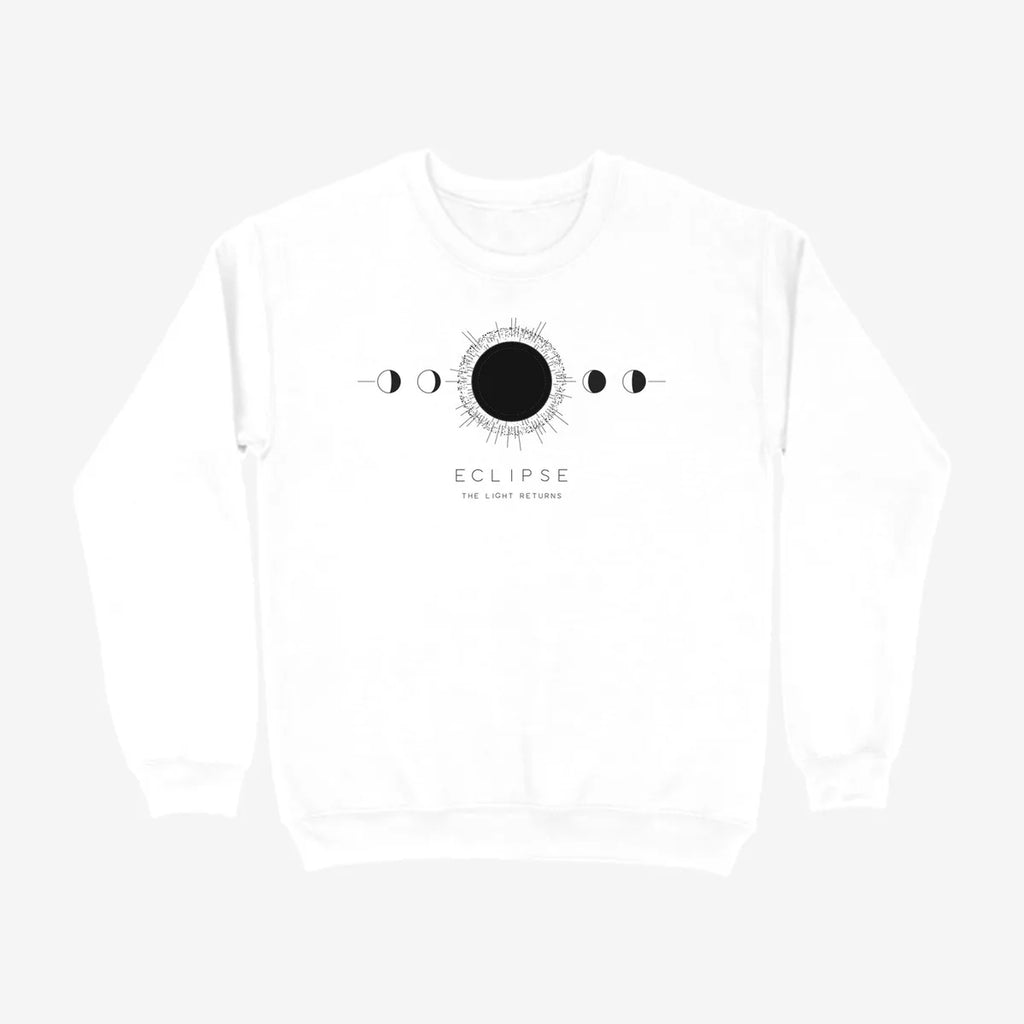 Oztra Eclipse white sweatshirt, front view showing the Eclipse print