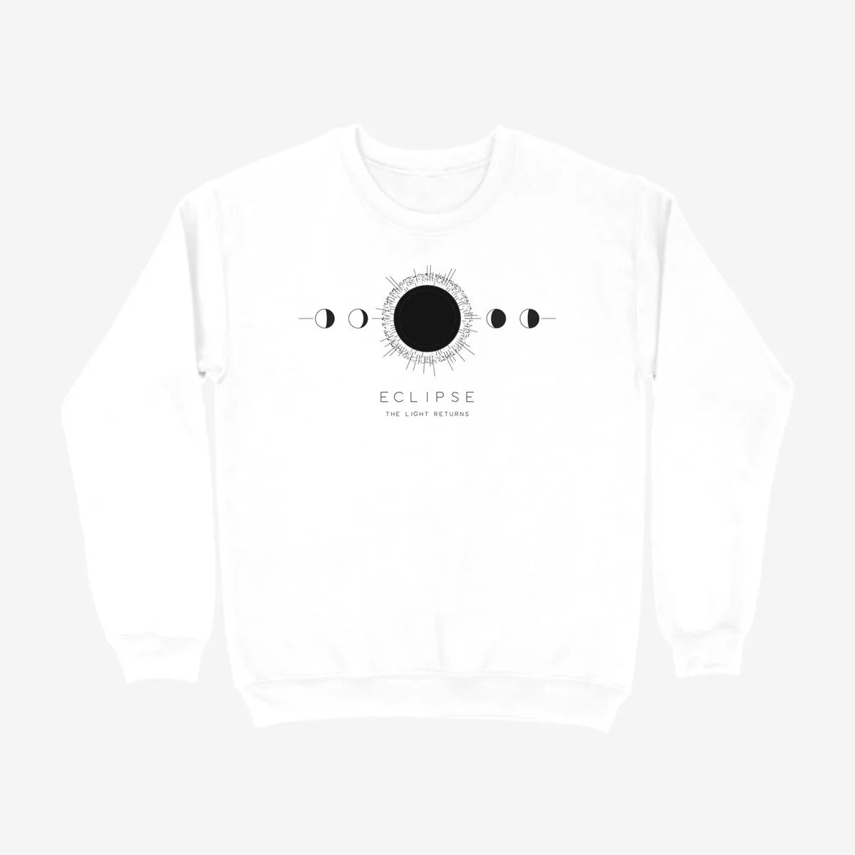 Oztra Eclipse white sweatshirt, front view showing the Eclipse print