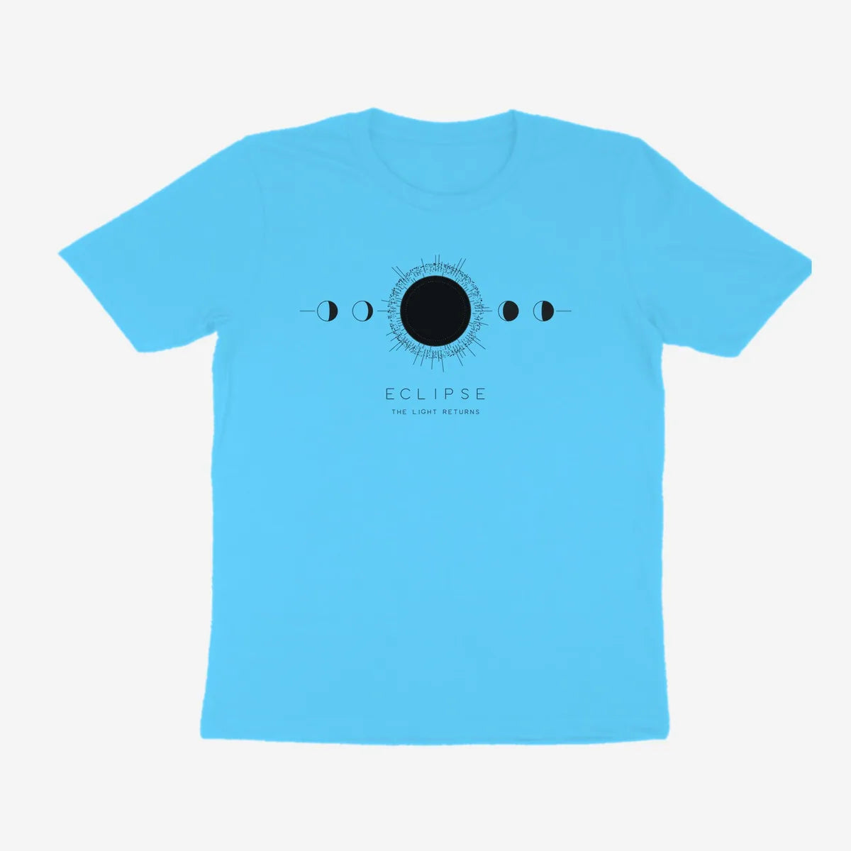 Oztra Eclipse aqua blue tee, front view showing the Eclipse print