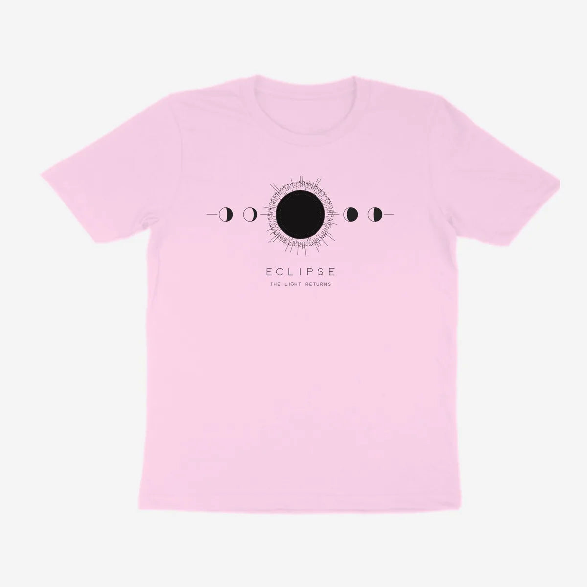 Oztra Eclipse baby pink tee, front view showing the Eclipse print