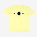 Oztra Eclipse butter yellow tee, front view showing the Eclipse print