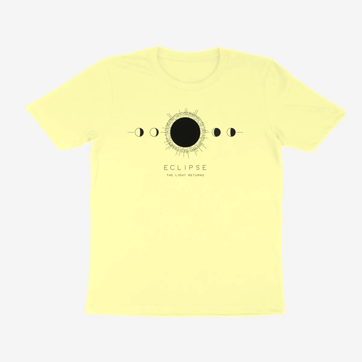 Oztra Eclipse butter yellow tee, front view showing the Eclipse print