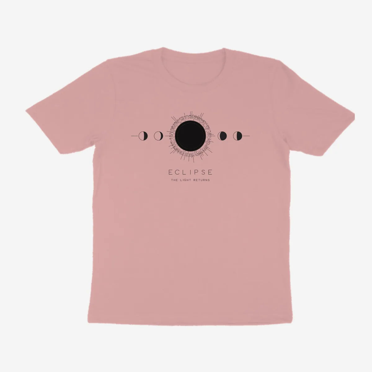 Oztra Eclipse dusty pink tee, front view showing the Eclipse print