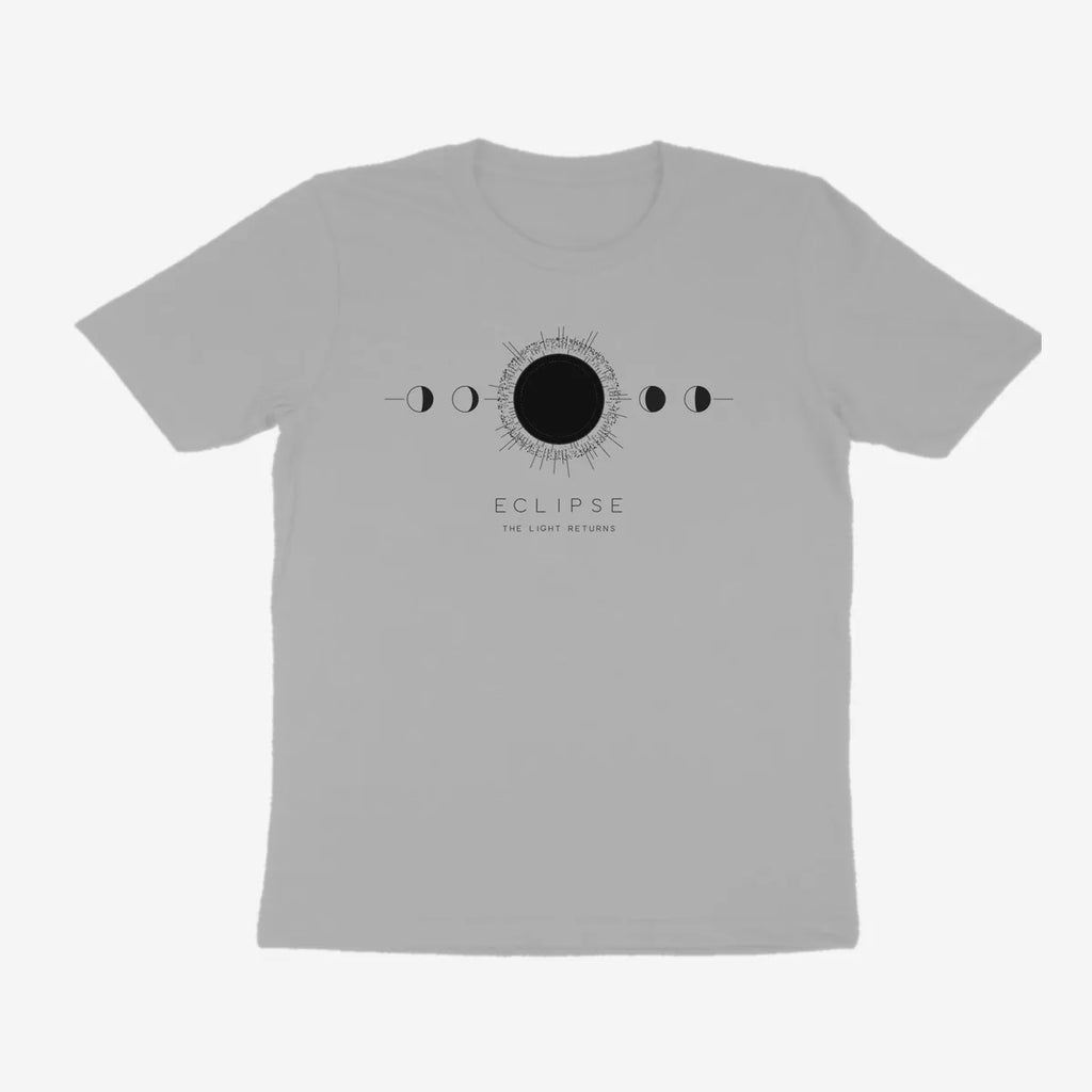 Oztra Eclipse grey melange tee, front view showing the Eclipse print