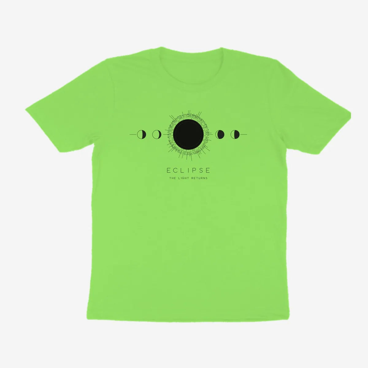 Oztra Eclipse lime green tee, front view showing the Eclipse print