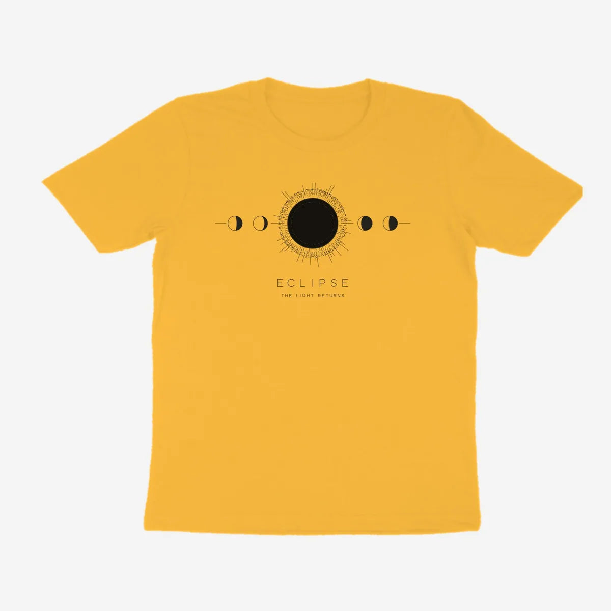 Oztra Eclipse mustard tee, front view showing the Eclipse print