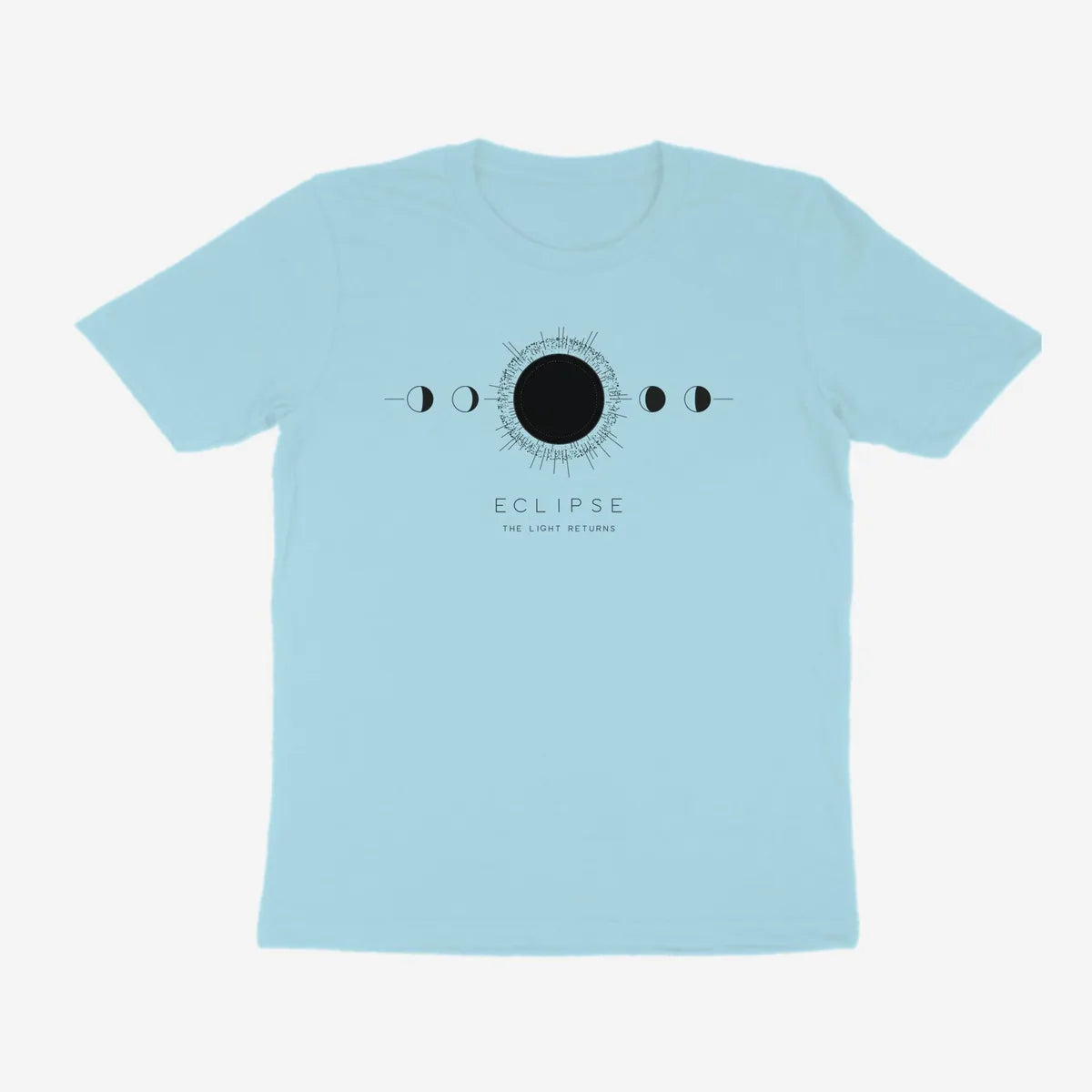 Oztra Eclipse powder blue tee, front view showing the Eclipse print