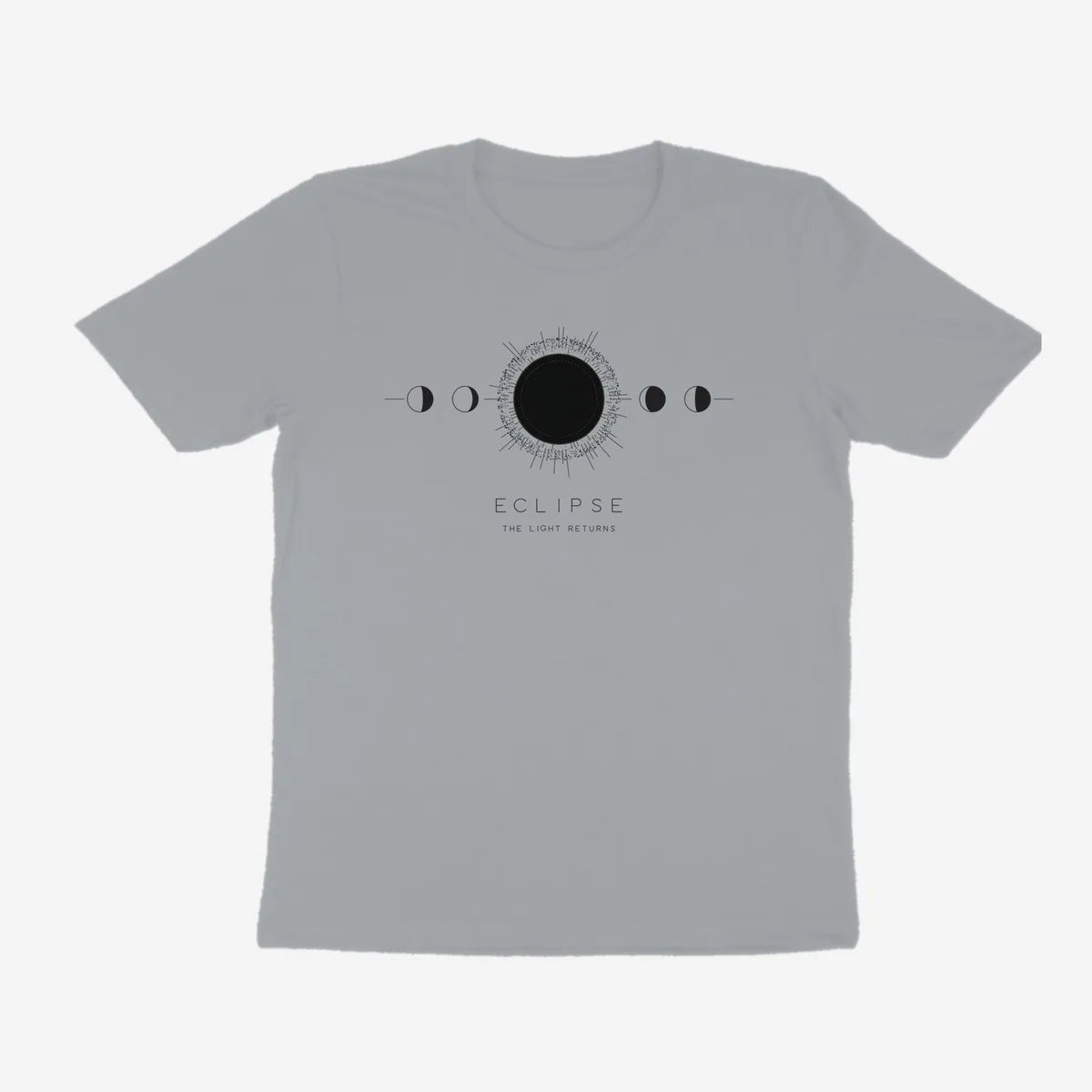 Oztra Eclipse silver grey tee, front view showing the Eclipse print