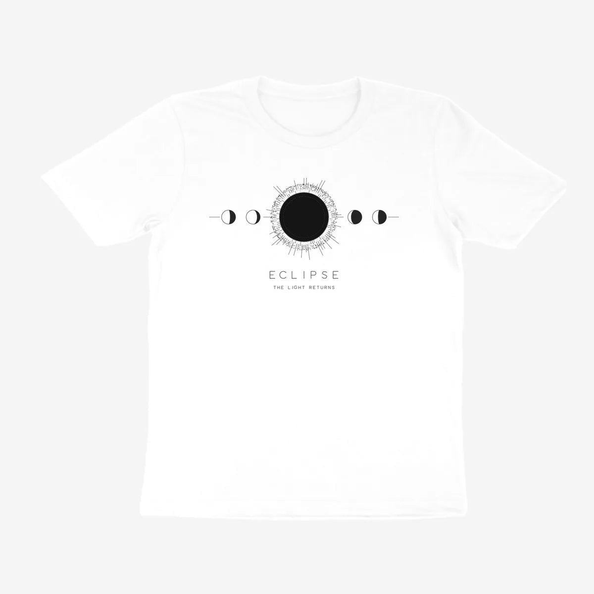 Oztra Eclipse white tee, front view showing the Eclipse print