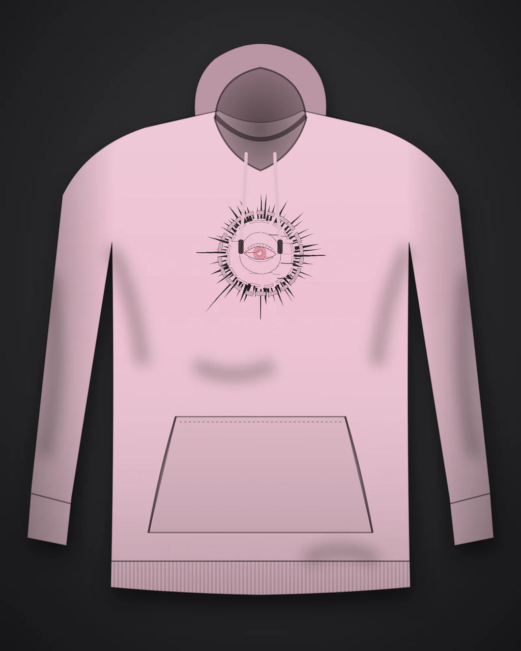 Oztra Fracture baby pink hoodie, front view showing the Fracture print