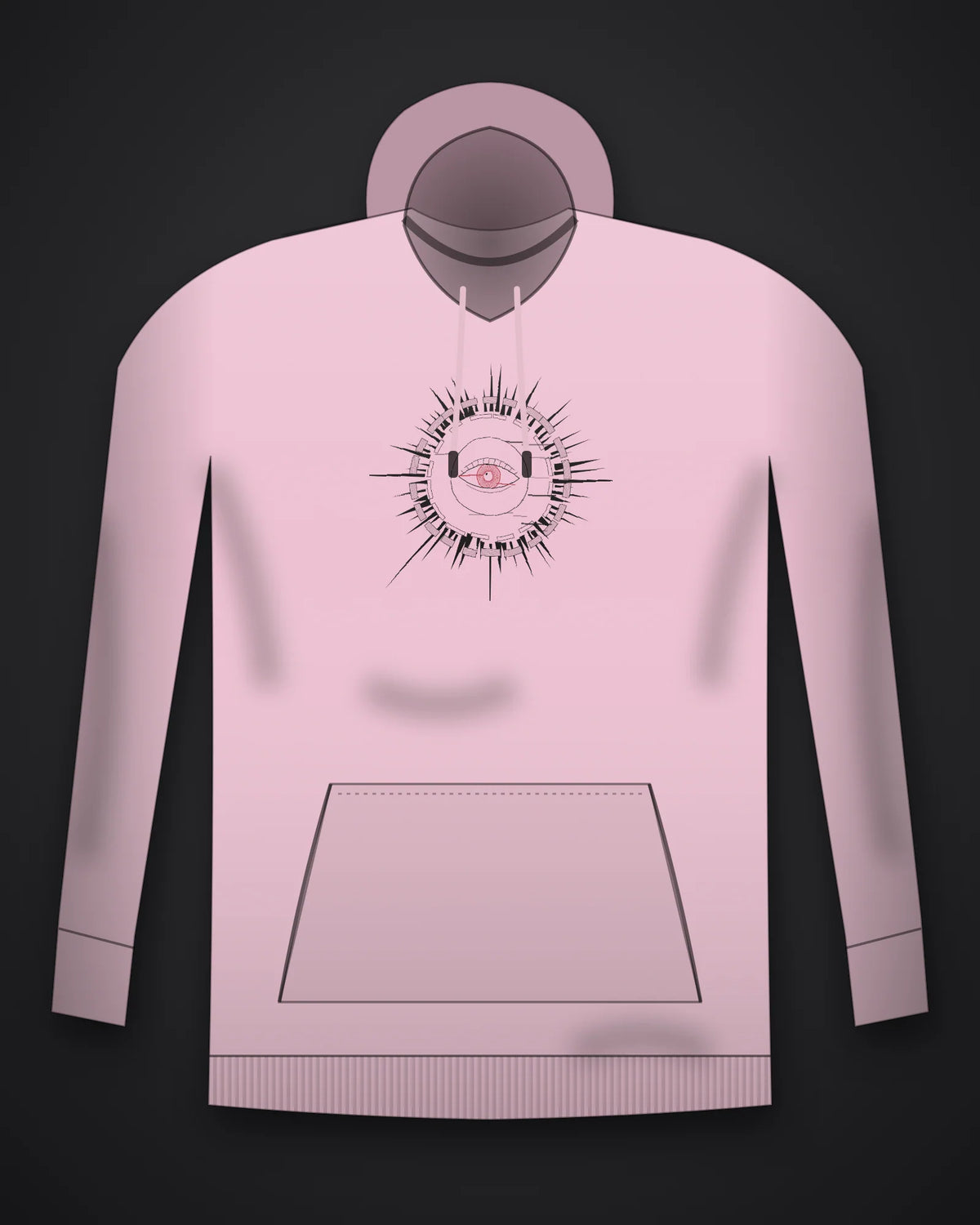 Oztra Fracture baby pink hoodie, front view showing the Fracture print
