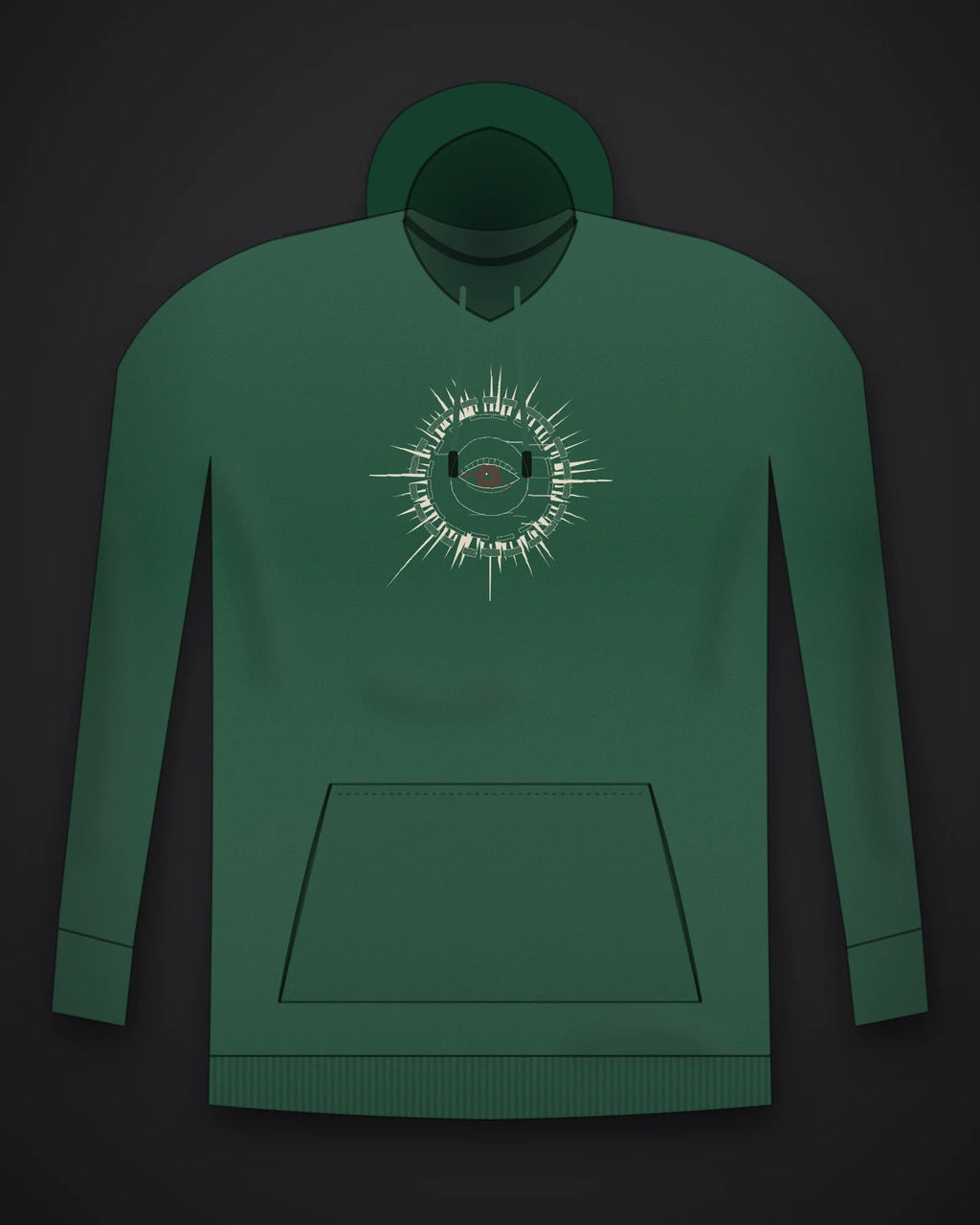 Oztra Fracture bottle green hoodie, front view showing the Fracture print