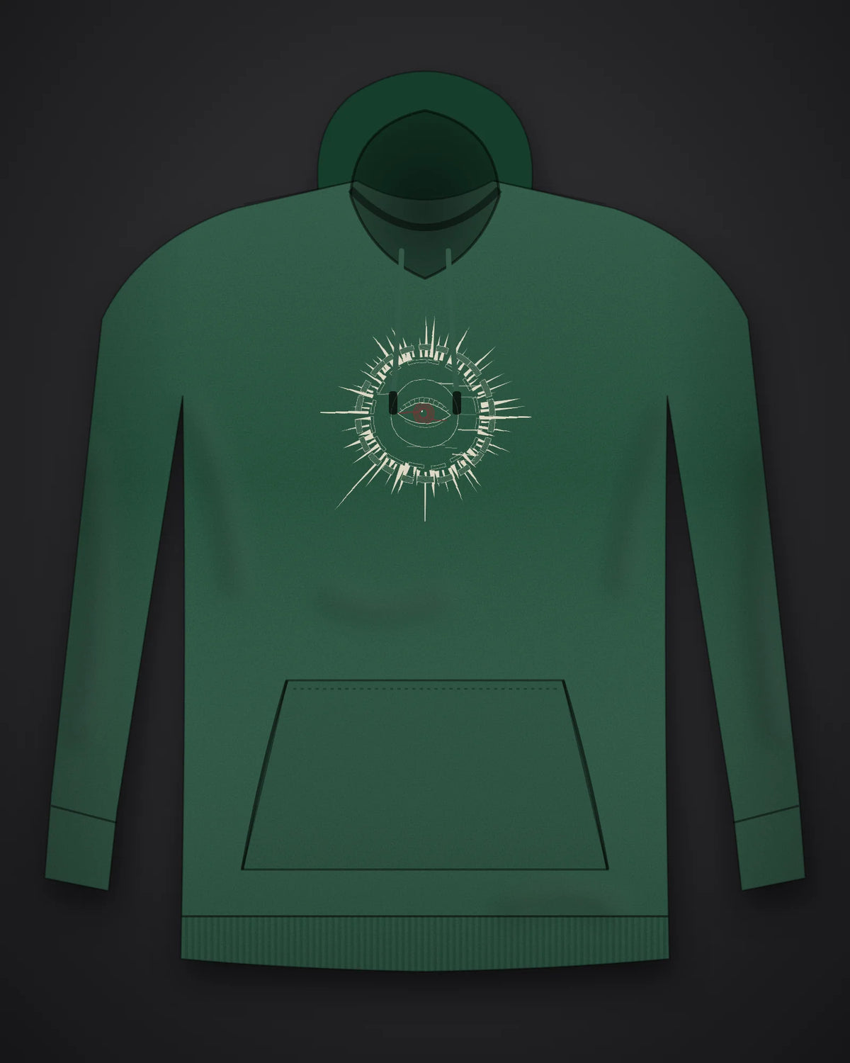 Oztra Fracture bottle green hoodie, front view showing the Fracture print
