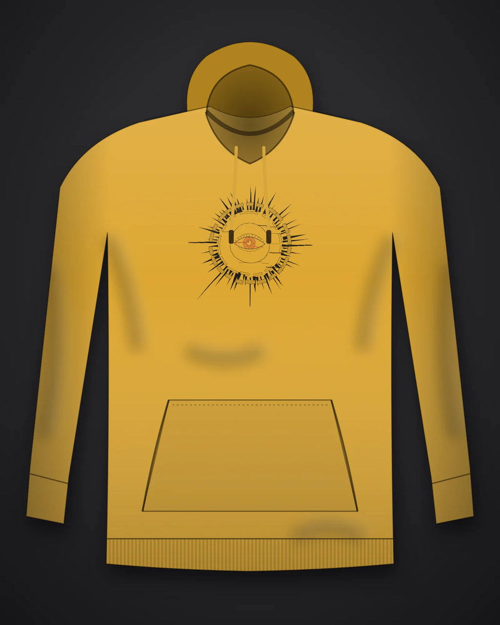 Oztra Fracture mustard hoodie, front view showing the Fracture print