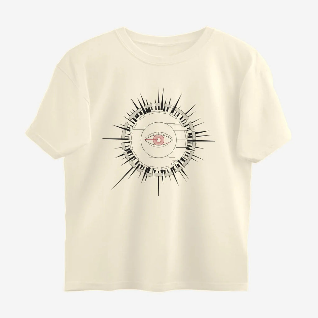 Oztra Fracture beige oversized tee, front view showing the Fracture print