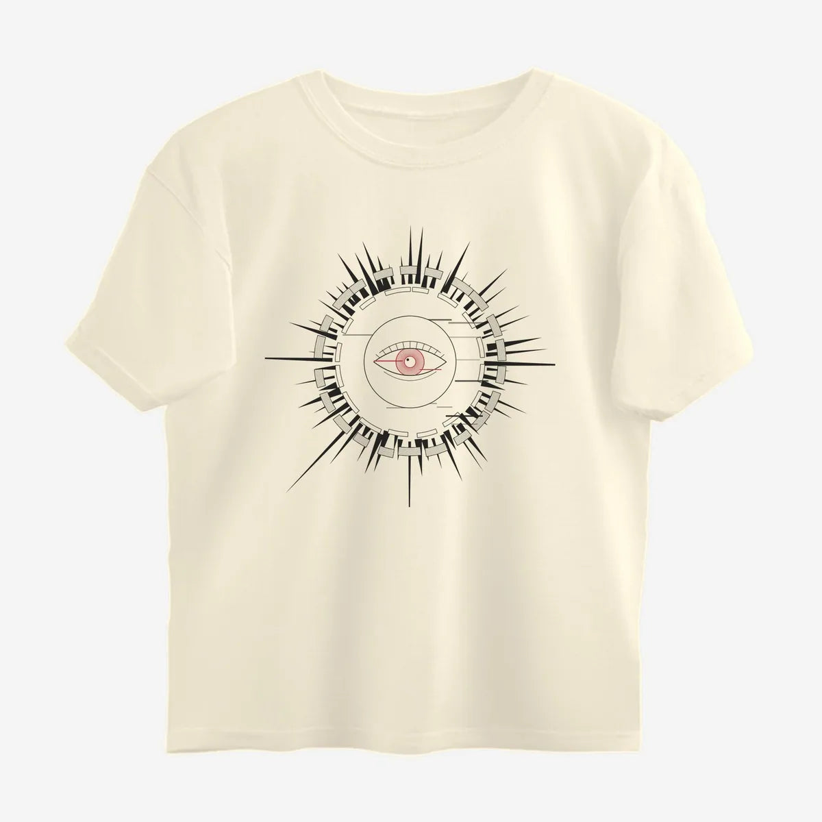 Oztra Fracture beige oversized tee, front view showing the Fracture print