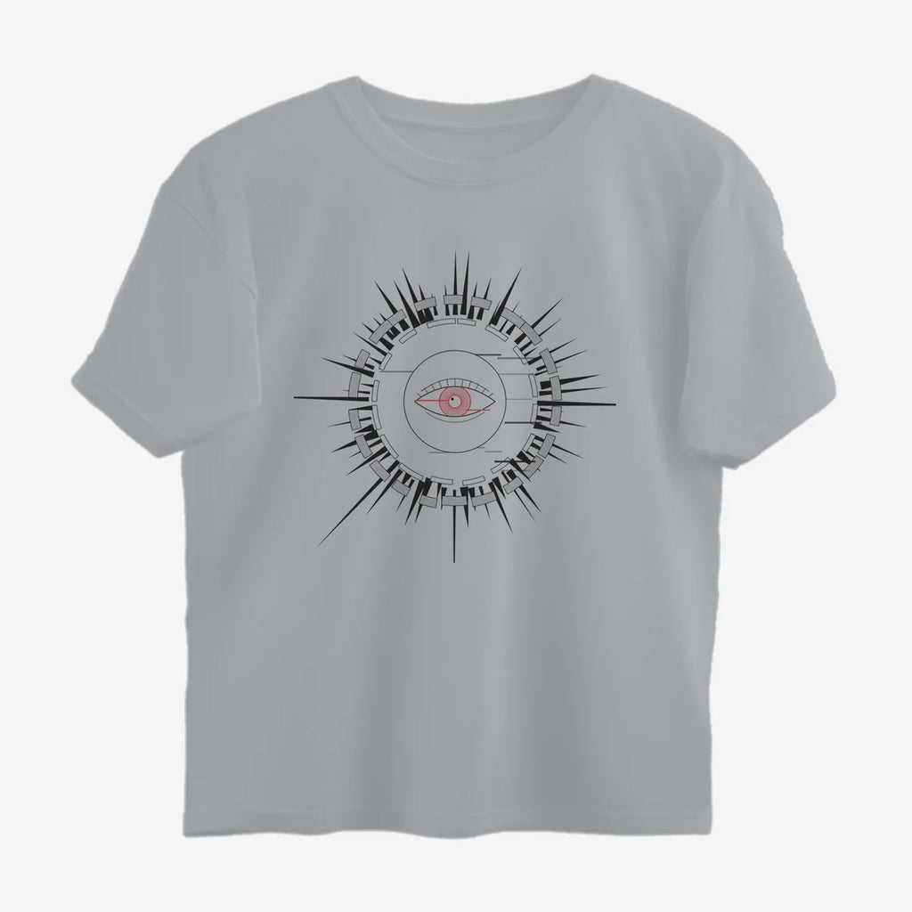 Oztra Fracture grey melange oversized tee, front view showing the Fracture print