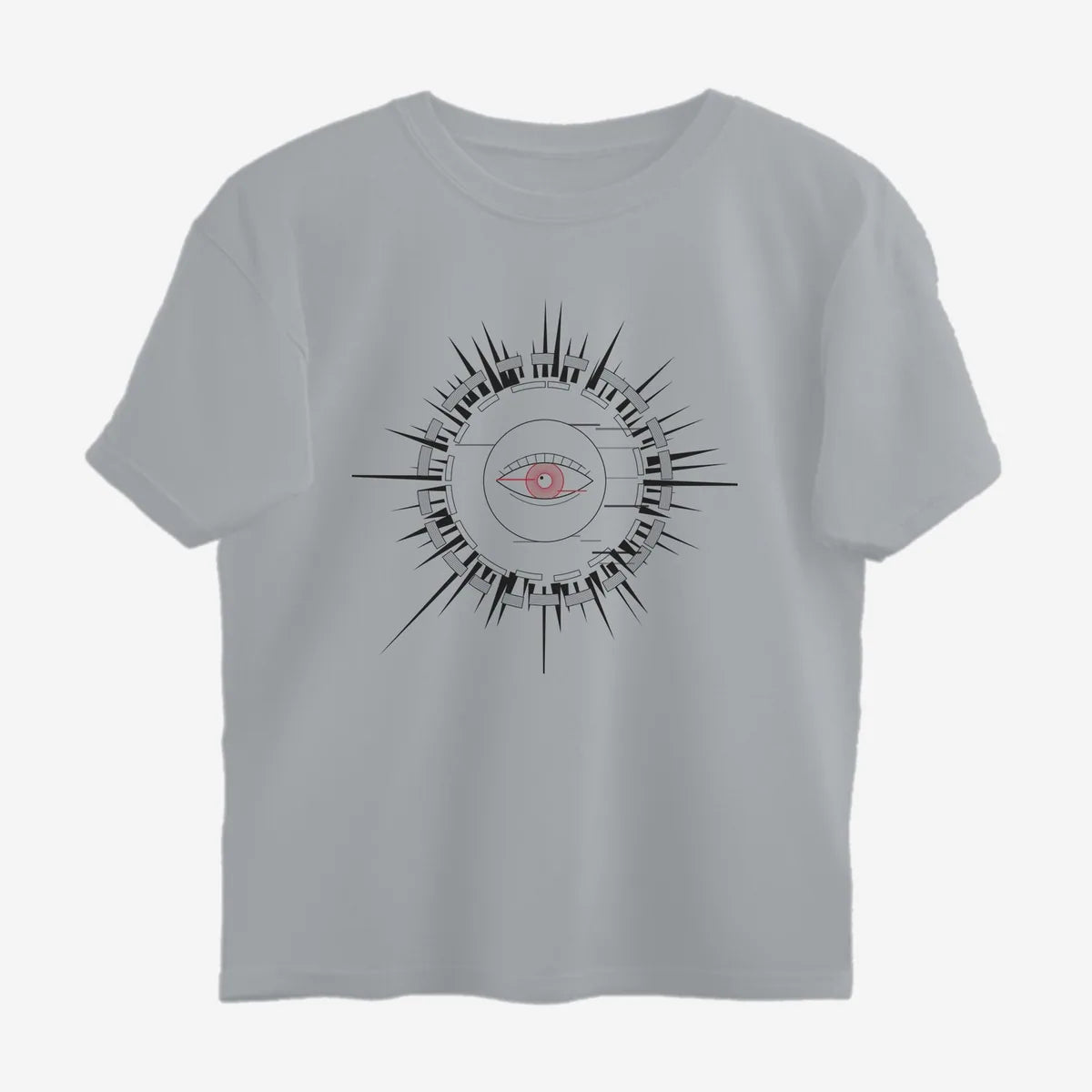 Oztra Fracture grey melange oversized tee, front view showing the Fracture print