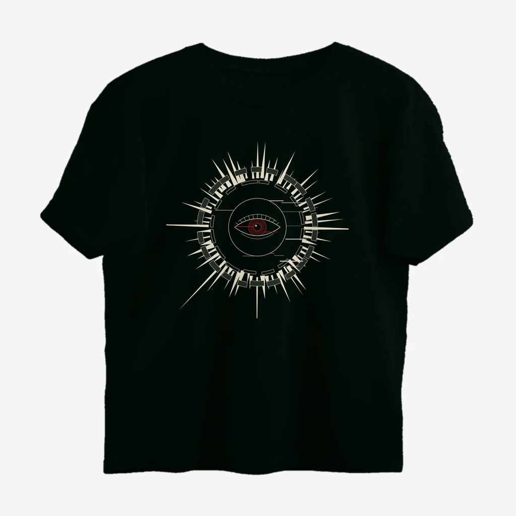Oztra Fracture jet black oversized tee, front view showing the Fracture print