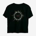 Oztra Fracture jet black oversized tee, front view showing the Fracture print