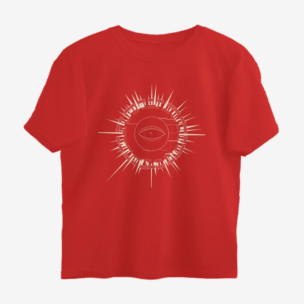 Oztra Fracture red oversized tee, front view showing the Fracture print
