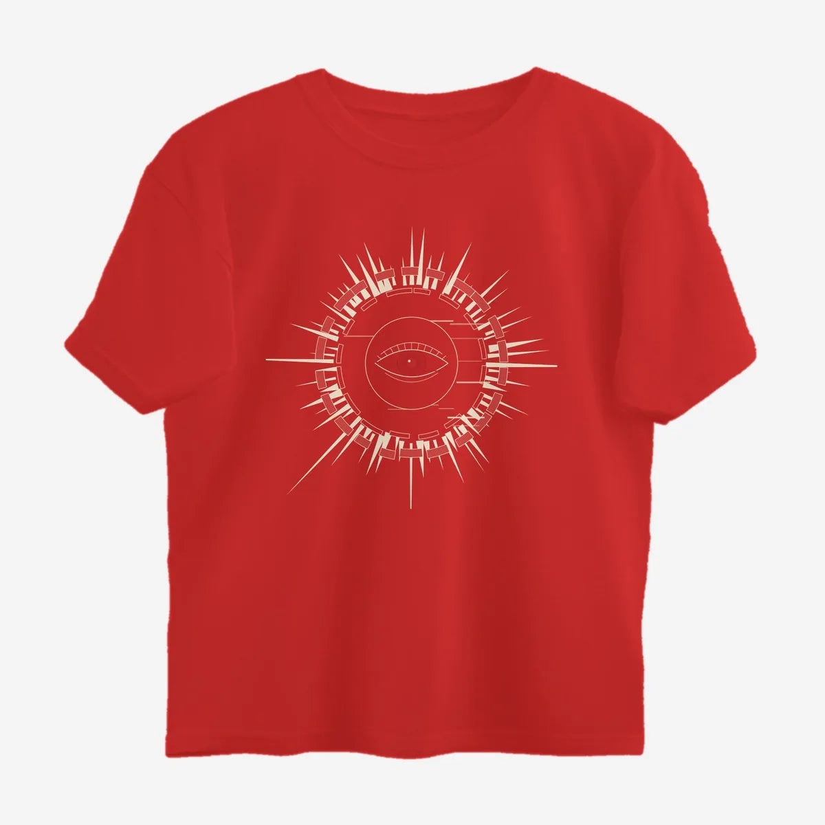 Oztra Fracture red oversized tee, front view showing the Fracture print