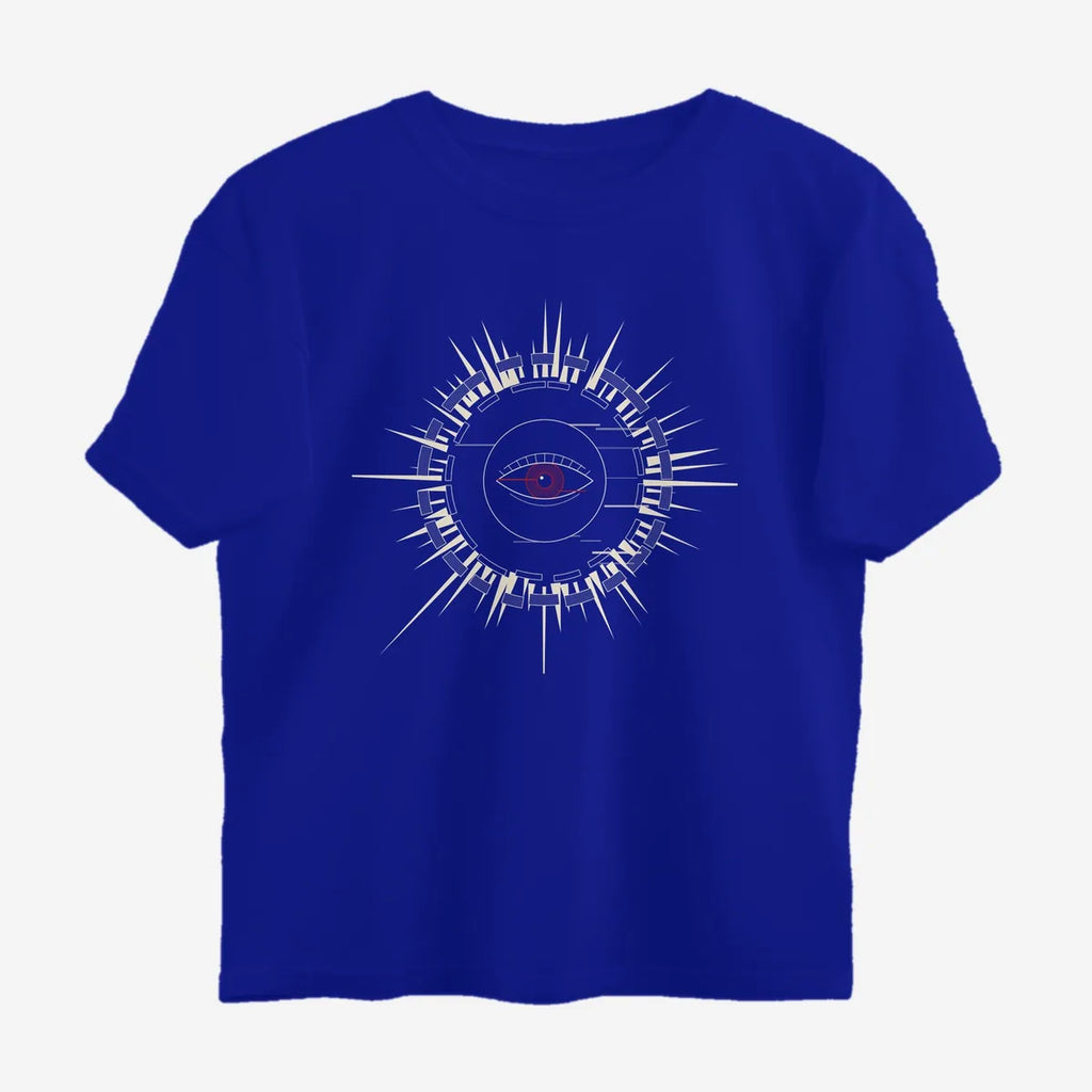 Oztra Fracture royal blue oversized tee, front view showing the Fracture print