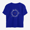 Oztra Fracture royal blue oversized tee, front view showing the Fracture print