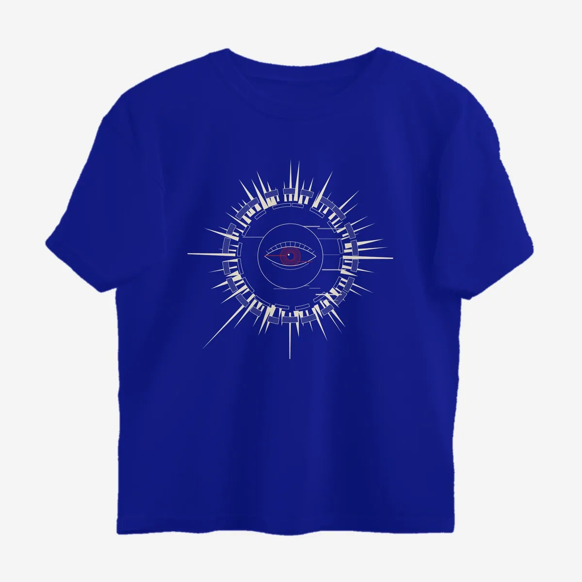Oztra Fracture royal blue oversized tee, front view showing the Fracture print