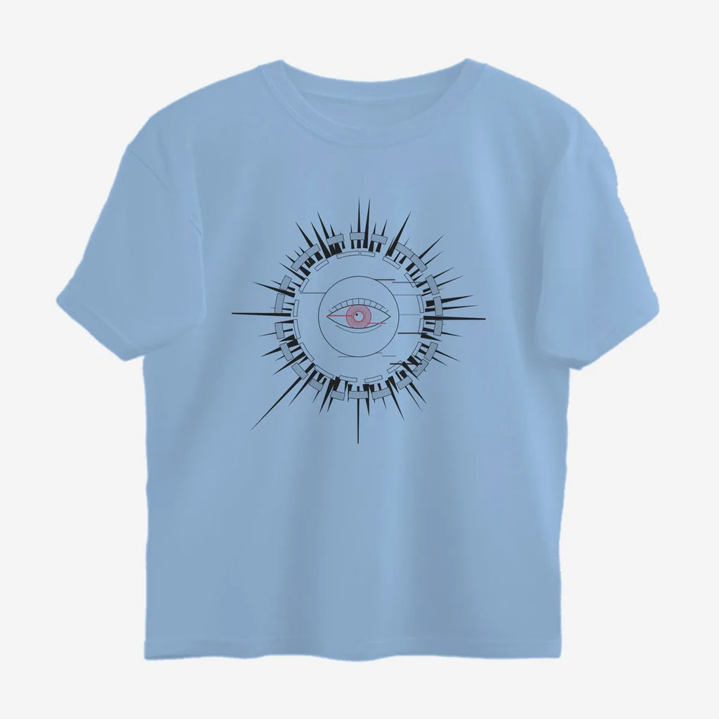 Oztra Fracture sky blue oversized tee, front view showing the Fracture print