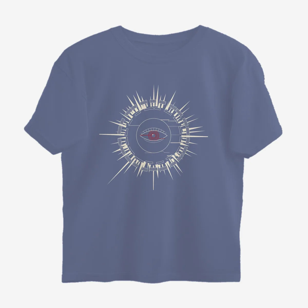 Oztra Fracture steel blue oversized tee, front view showing the Fracture print