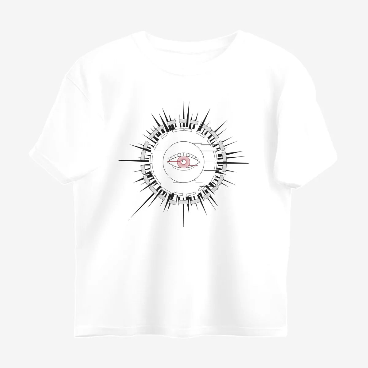 Oztra Fracture white oversized tee, front view showing the Fracture print