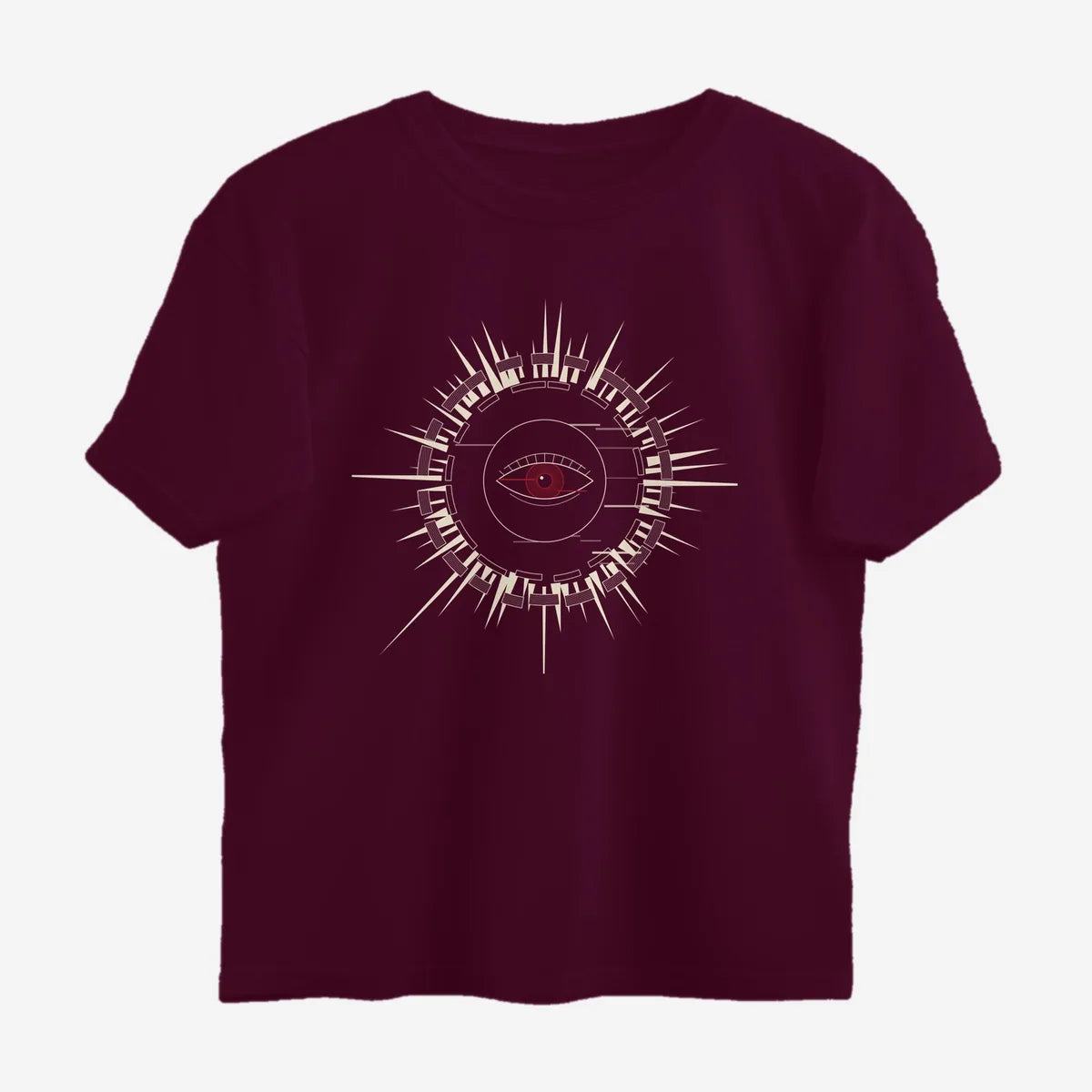 Oztra Fracture wine oversized tee, front view showing the Fracture print
