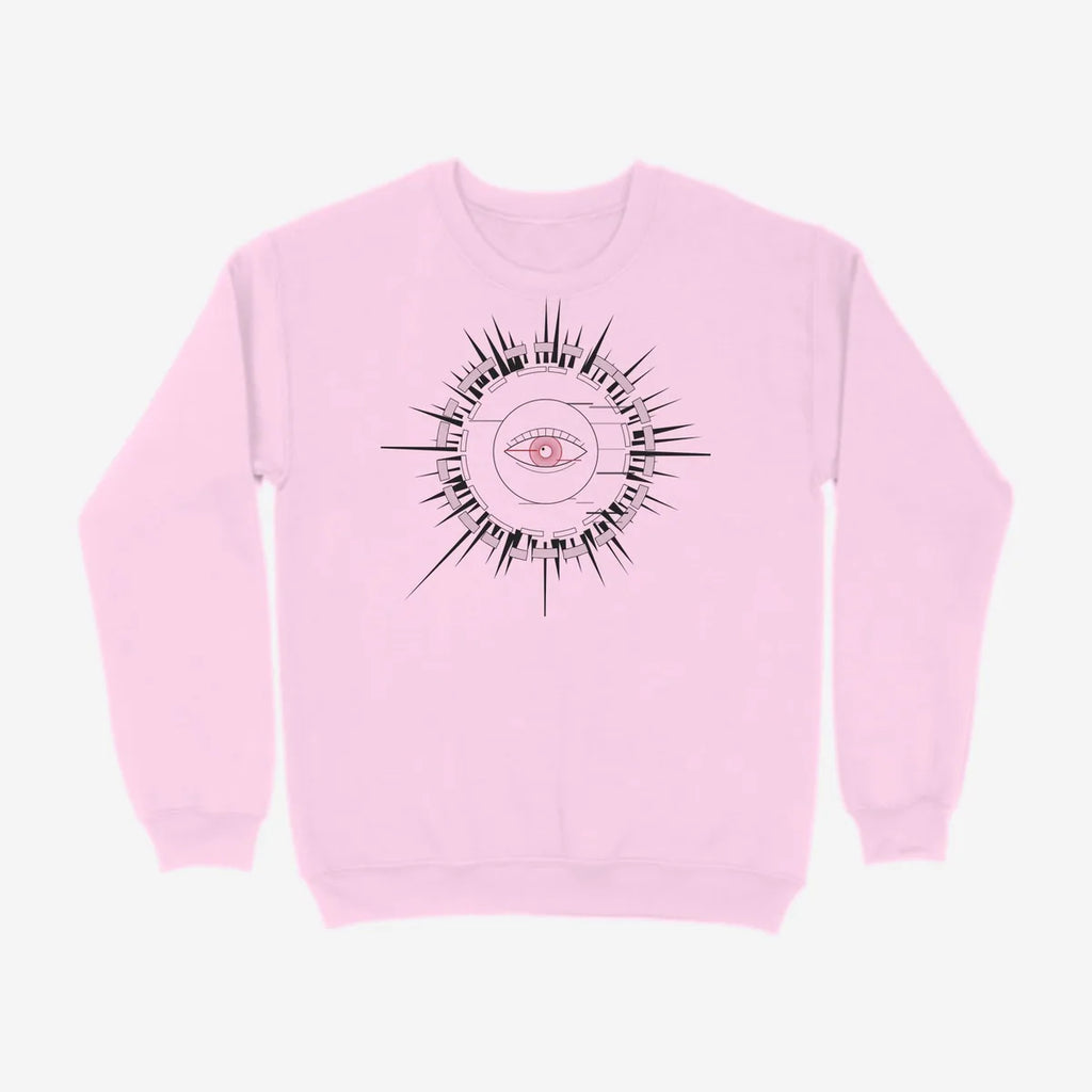 Oztra Fracture baby pink sweatshirt, front view showing the Fracture print