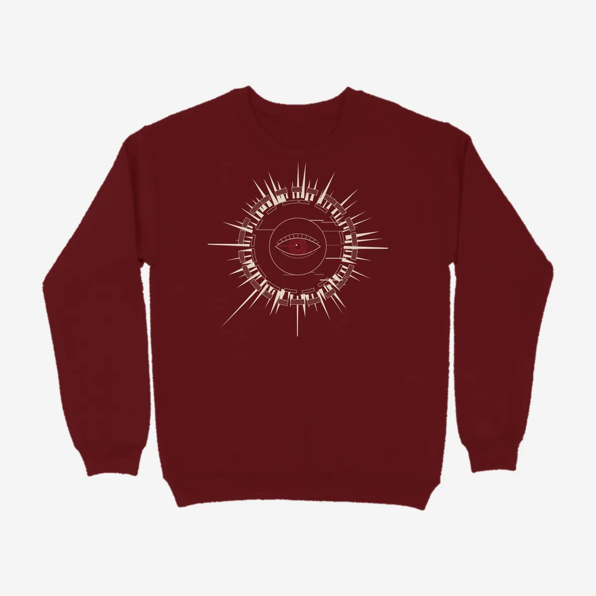 Oztra Fracture maroon sweatshirt, front view showing the Fracture print