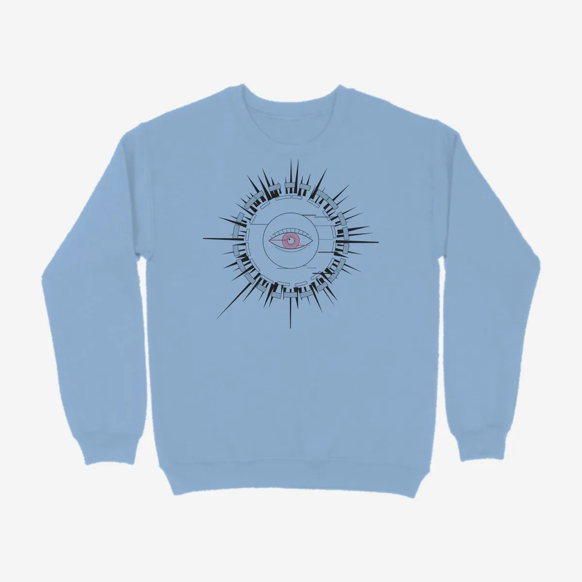 Oztra Fracture sky blue sweatshirt, front view showing the Fracture print