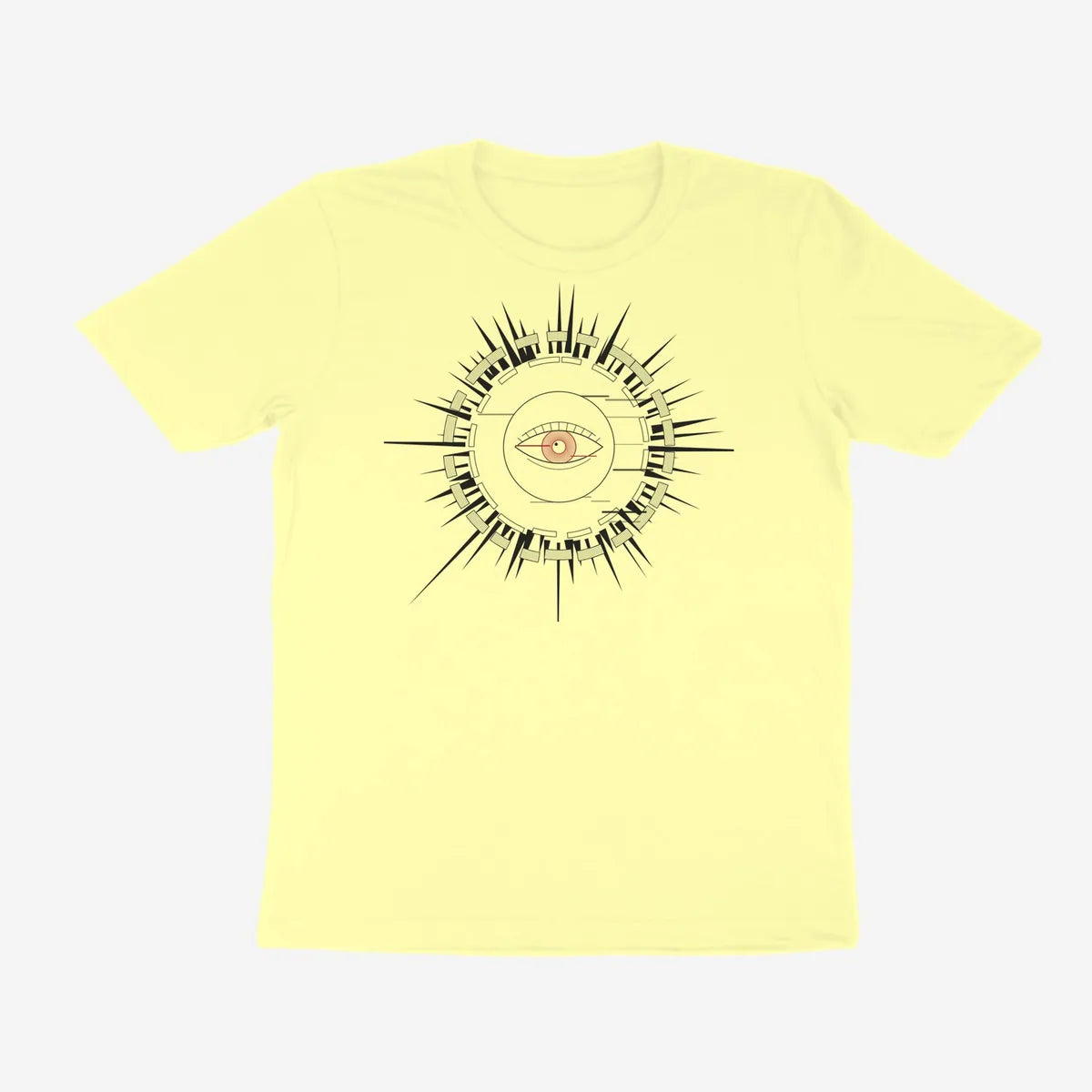 Oztra Fracture butter yellow tee, front view showing the Fracture print