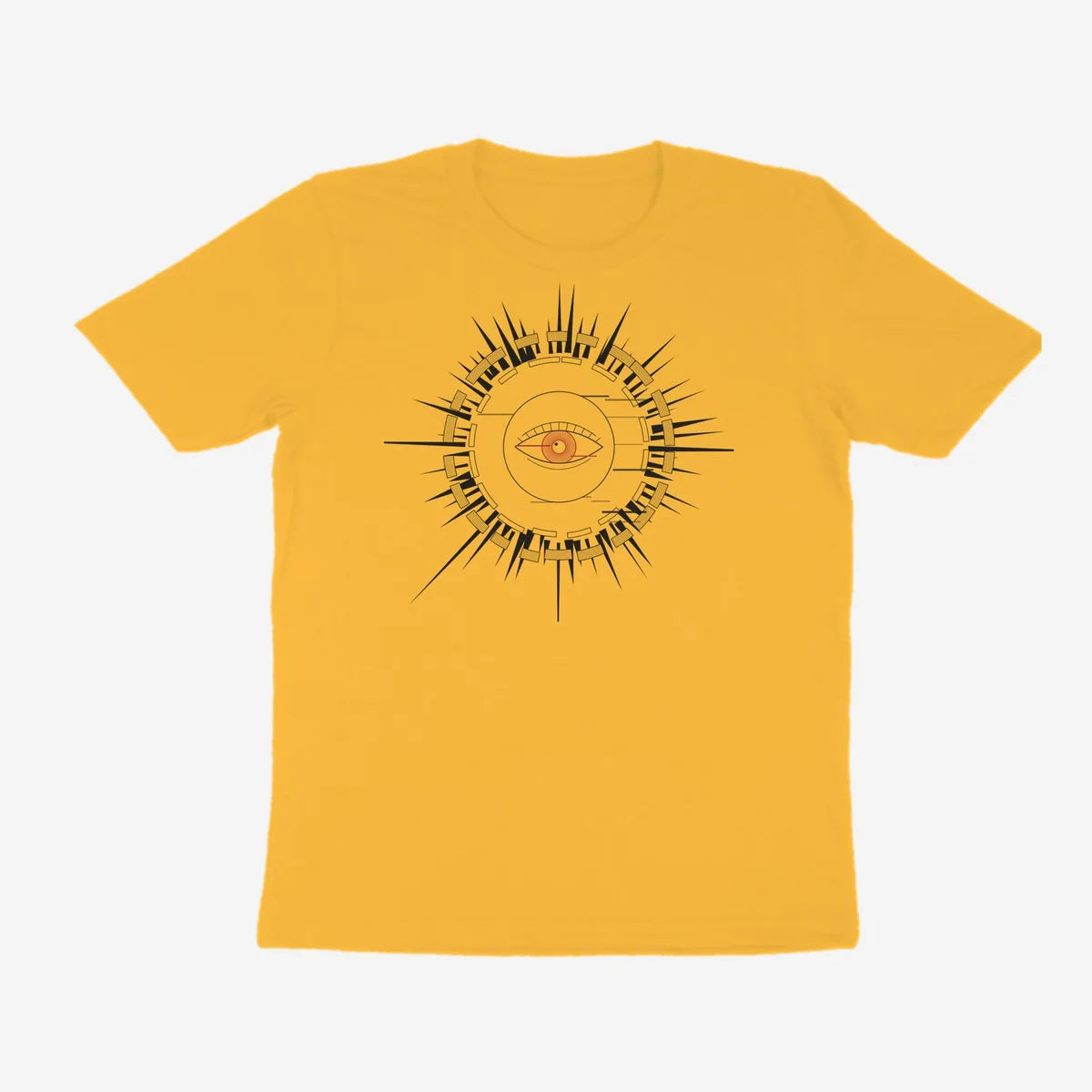 Oztra Fracture mustard tee, front view showing the Fracture print