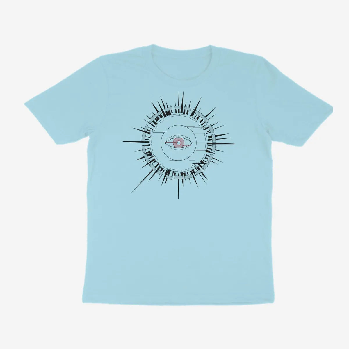 Oztra Fracture powder blue tee, front view showing the Fracture print