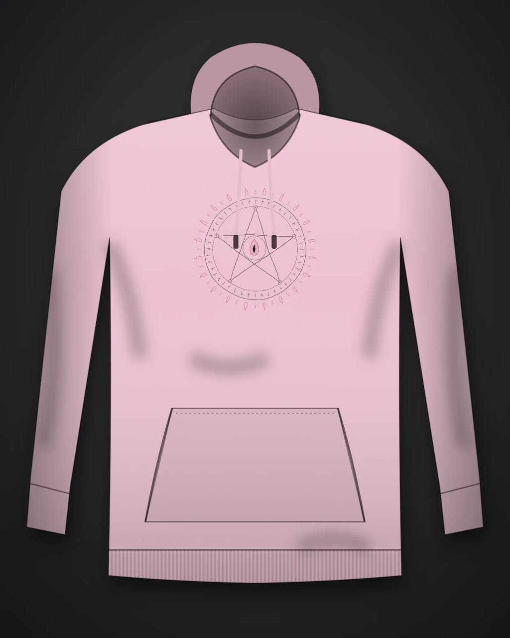 Oztra Invocation baby pink hoodie, front view showing the Invocation print