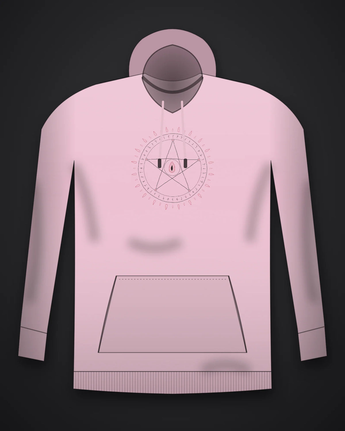 Oztra Invocation baby pink hoodie, front view showing the Invocation print