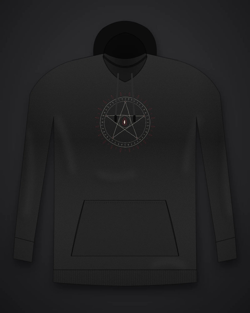 Oztra Invocation black hoodie, front view showing the Invocation print
