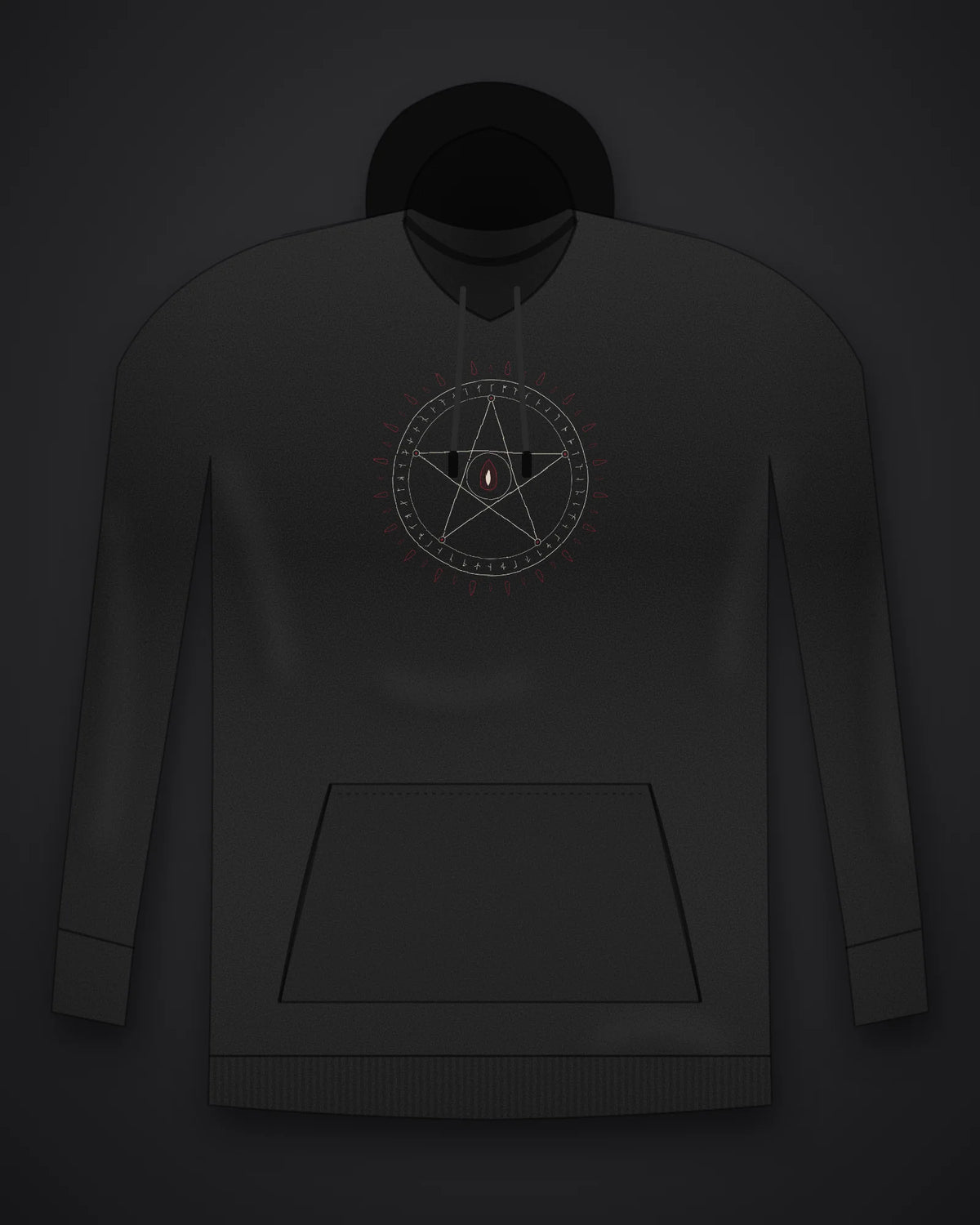 Oztra Invocation black hoodie, front view showing the Invocation print