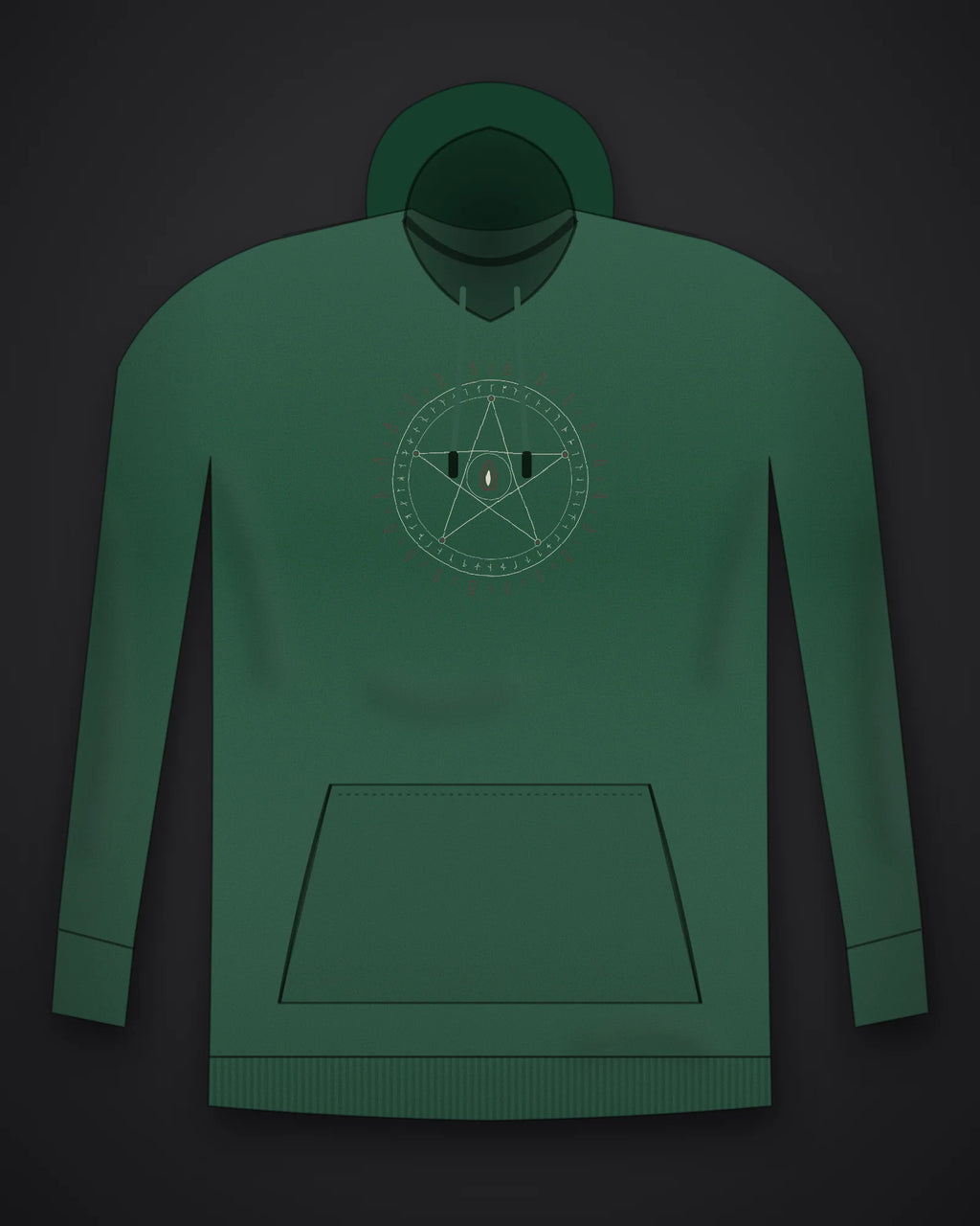 Oztra Invocation bottle green hoodie, front view showing the Invocation print