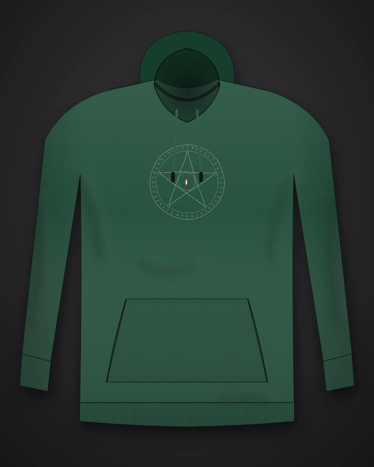Oztra Invocation bottle green hoodie, front view showing the Invocation print