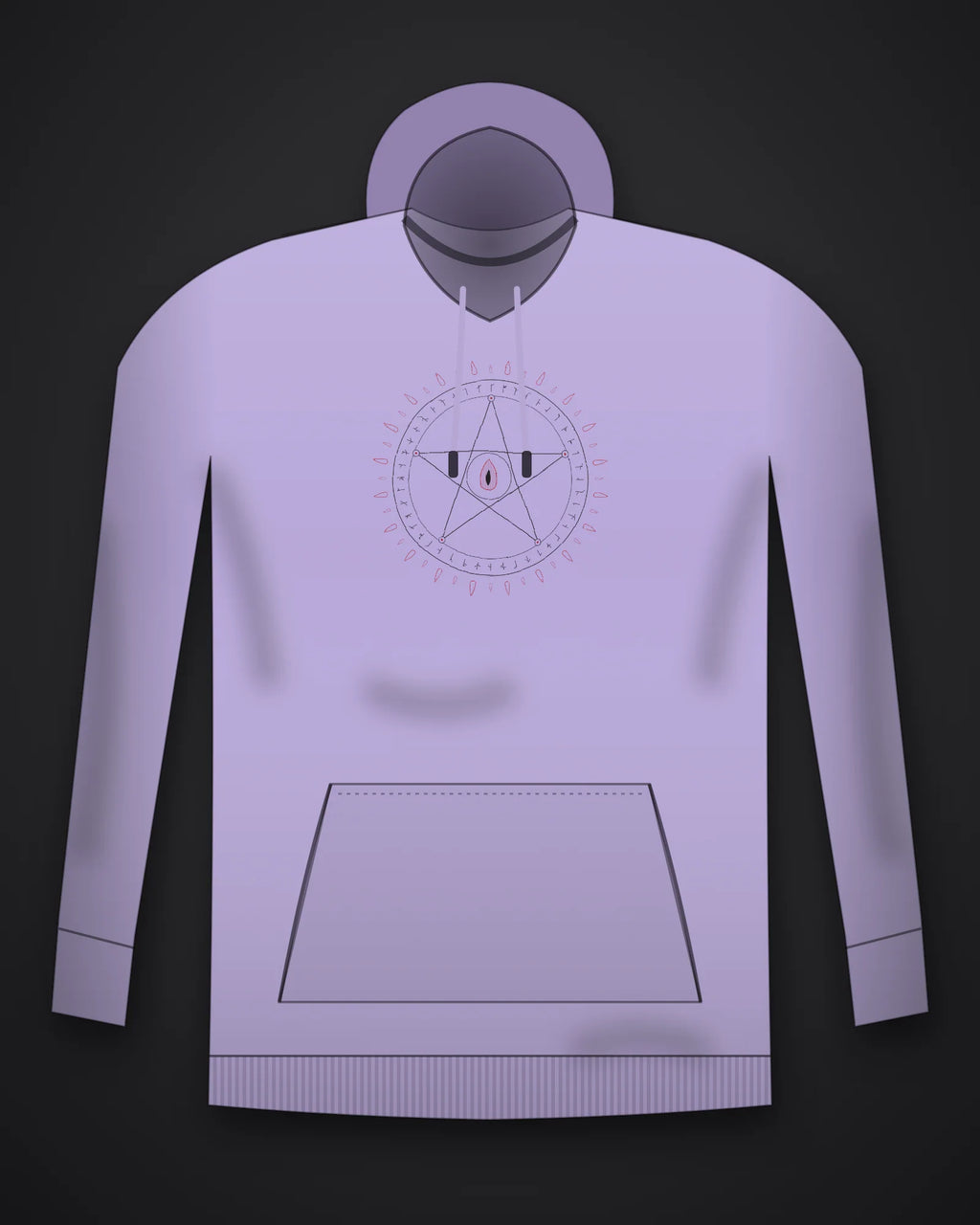 Oztra Invocation lavender hoodie, front view showing the Invocation print