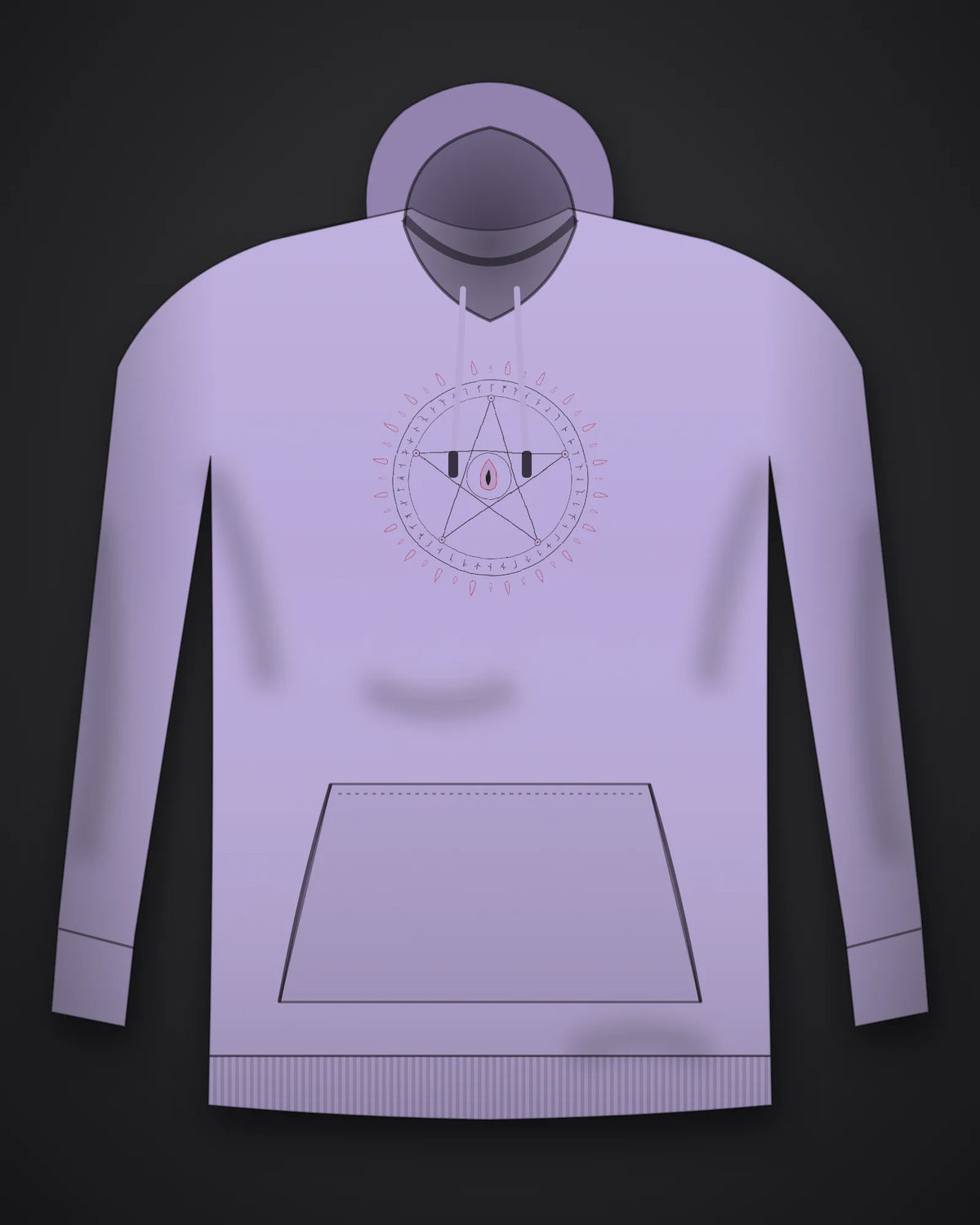 Oztra Invocation lavender hoodie, front view showing the Invocation print