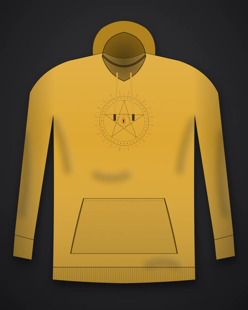 Oztra Invocation mustard hoodie, front view showing the Invocation print