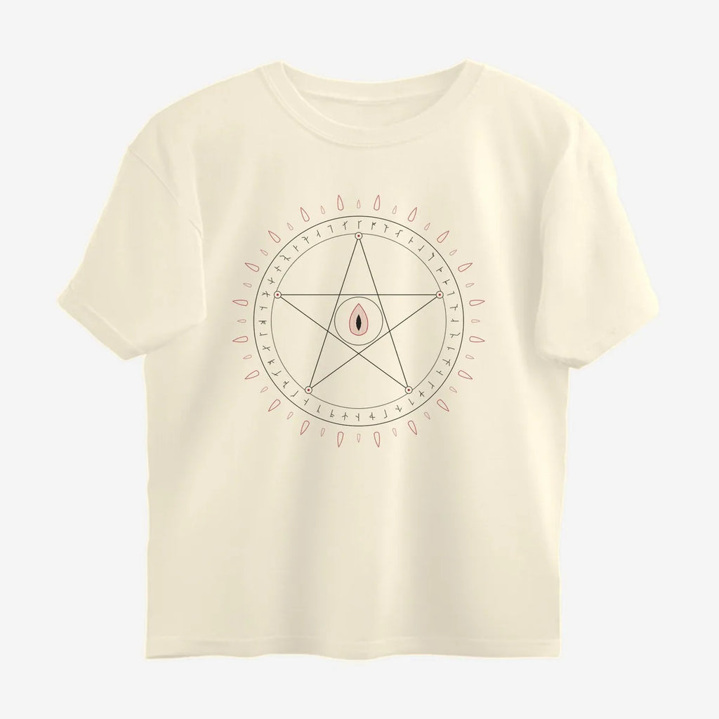 Oztra Invocation beige oversized tee, front view showing the Invocation print