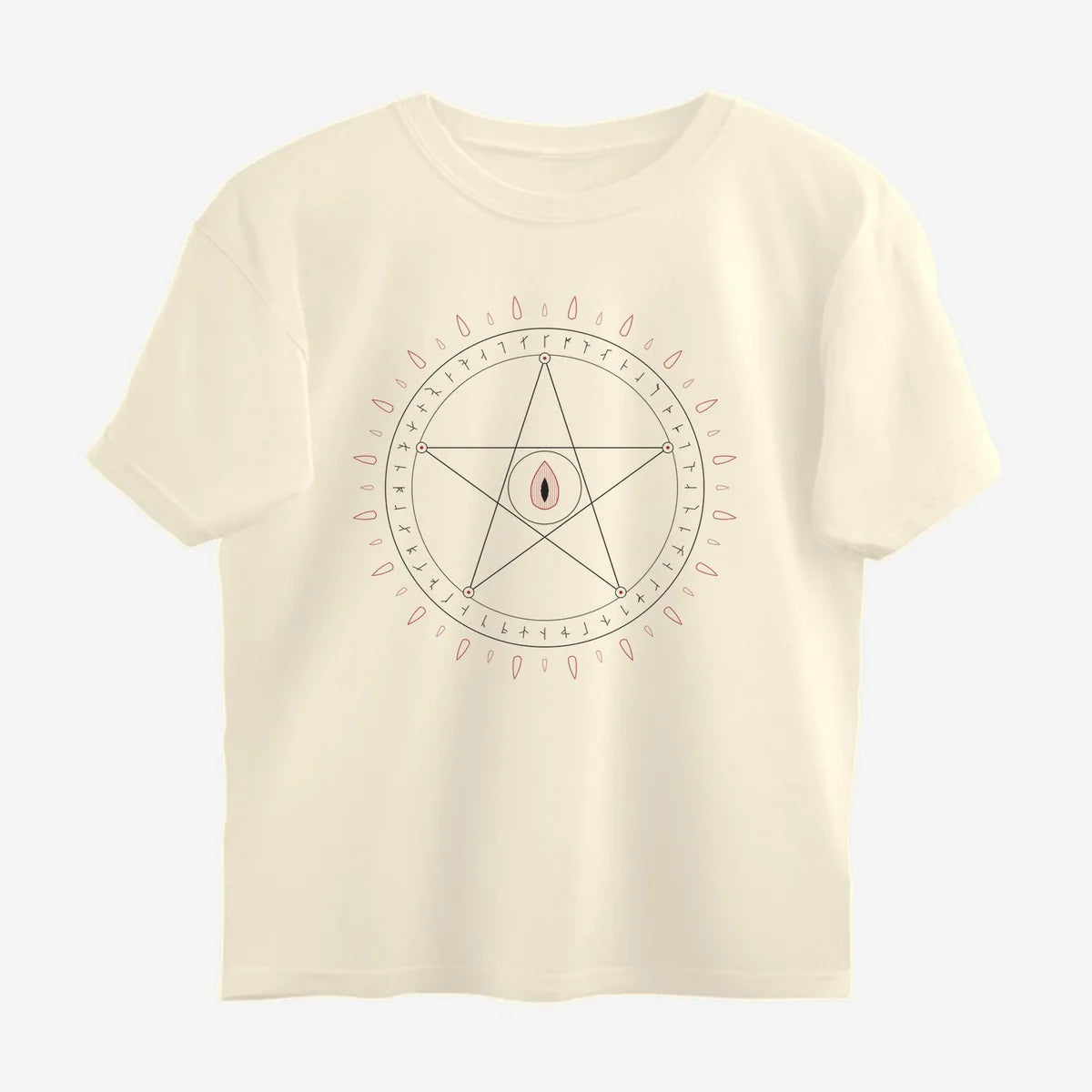 Oztra Invocation beige oversized tee, front view showing the Invocation print